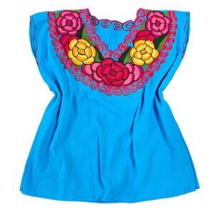 Embroidered Mexican Top Womens S/M Floral Peasant Boho Aqua Native Traditional